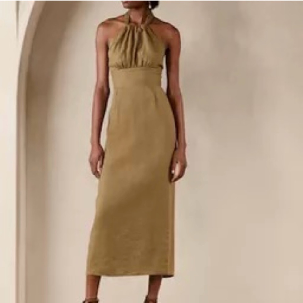 Banana Republic Lisa Linen Midi Dress Halter Column Cut Out Dress Khaki Sz 10P